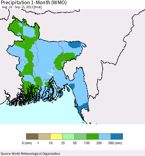 Bangladesh Precipitation 1-Month (WMO) Thematic Map For 8/16/2023 - 9/15/2023