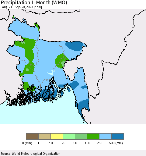 Bangladesh Precipitation 1-Month (WMO) Thematic Map For 8/21/2023 - 9/20/2023