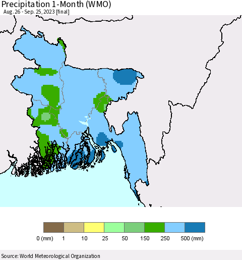 Bangladesh Precipitation 1-Month (WMO) Thematic Map For 8/26/2023 - 9/25/2023