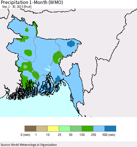 Bangladesh Precipitation 1-Month (WMO) Thematic Map For 9/1/2023 - 9/30/2023