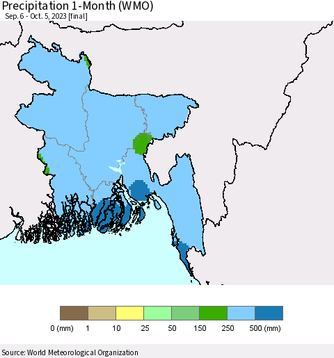 Bangladesh Precipitation 1-Month (WMO) Thematic Map For 9/6/2023 - 10/5/2023