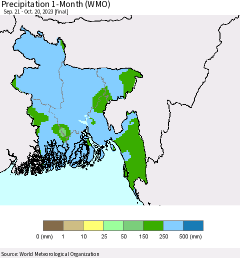 Bangladesh Precipitation 1-Month (WMO) Thematic Map For 9/21/2023 - 10/20/2023