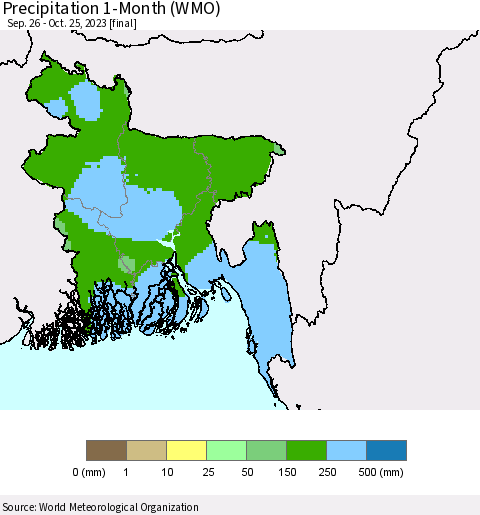 Bangladesh Precipitation 1-Month (WMO) Thematic Map For 9/26/2023 - 10/25/2023