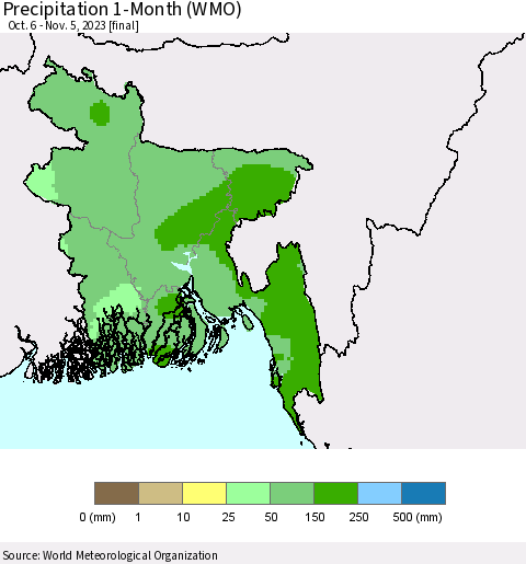 Bangladesh Precipitation 1-Month (WMO) Thematic Map For 10/6/2023 - 11/5/2023