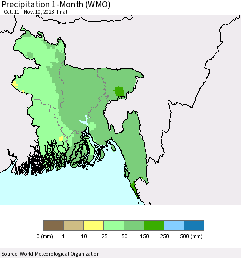Bangladesh Precipitation 1-Month (WMO) Thematic Map For 10/11/2023 - 11/10/2023