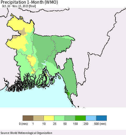 Bangladesh Precipitation 1-Month (WMO) Thematic Map For 10/16/2023 - 11/15/2023