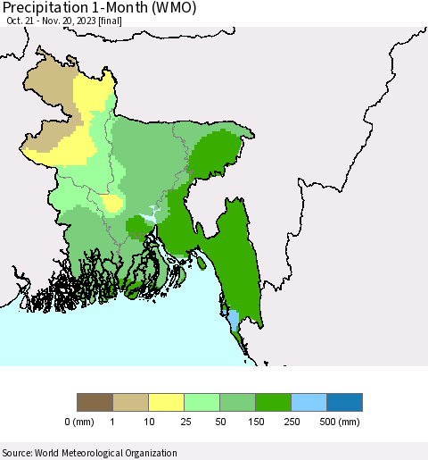 Bangladesh Precipitation 1-Month (WMO) Thematic Map For 10/21/2023 - 11/20/2023