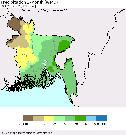 Bangladesh Precipitation 1-Month (WMO) Thematic Map For 10/26/2023 - 11/25/2023