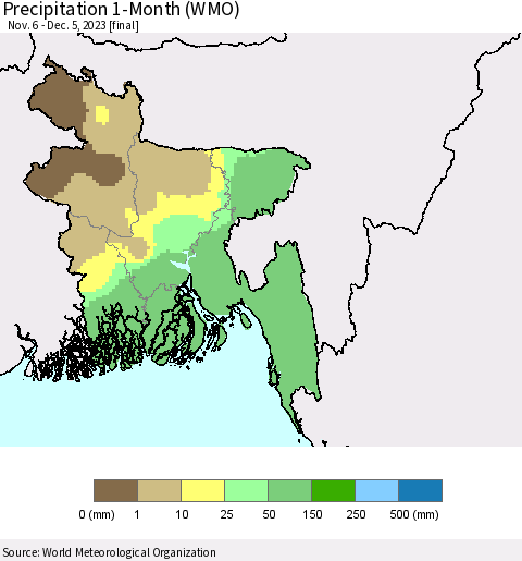 Bangladesh Precipitation 1-Month (WMO) Thematic Map For 11/6/2023 - 12/5/2023