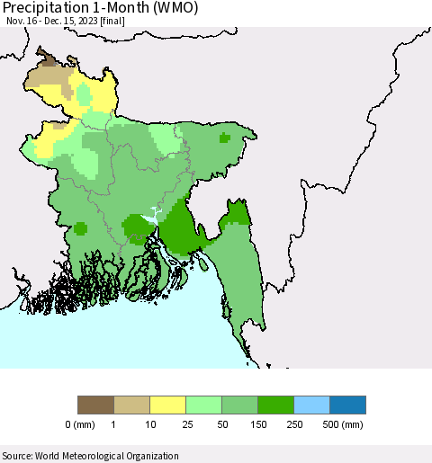 Bangladesh Precipitation 1-Month (WMO) Thematic Map For 11/16/2023 - 12/15/2023