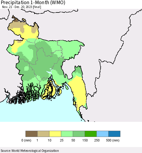Bangladesh Precipitation 1-Month (WMO) Thematic Map For 11/21/2023 - 12/20/2023