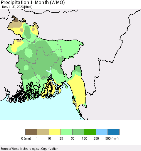 Bangladesh Precipitation 1-Month (WMO) Thematic Map For 12/1/2023 - 12/31/2023