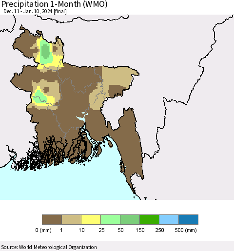 Bangladesh Precipitation 1-Month (WMO) Thematic Map For 12/11/2023 - 1/10/2024