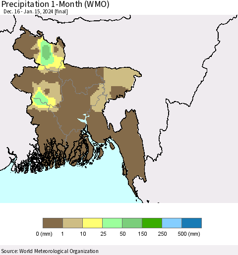 Bangladesh Precipitation 1-Month (WMO) Thematic Map For 12/16/2023 - 1/15/2024