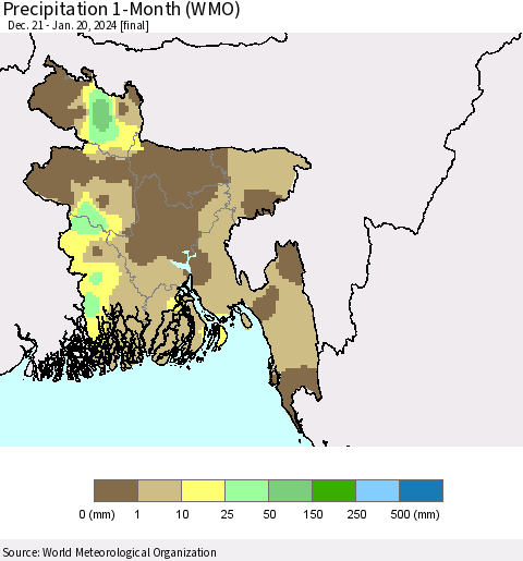 Bangladesh Precipitation 1-Month (WMO) Thematic Map For 12/21/2023 - 1/20/2024