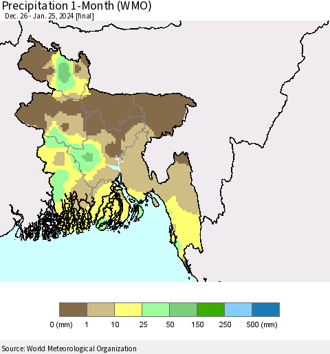 Bangladesh Precipitation 1-Month (WMO) Thematic Map For 12/26/2023 - 1/25/2024