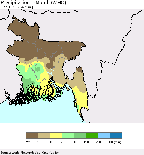Bangladesh Precipitation 1-Month (WMO) Thematic Map For 1/1/2024 - 1/31/2024