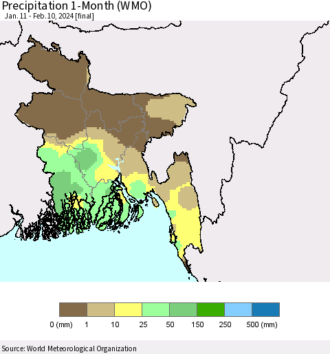 Bangladesh Precipitation 1-Month (WMO) Thematic Map For 1/11/2024 - 2/10/2024