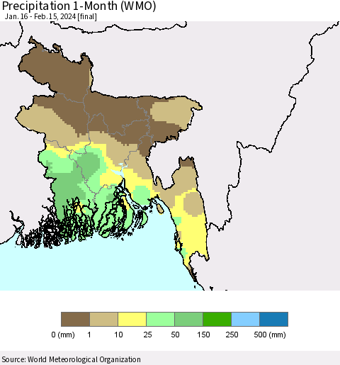 Bangladesh Precipitation 1-Month (WMO) Thematic Map For 1/16/2024 - 2/15/2024