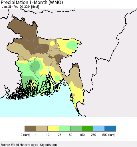 Bangladesh Precipitation 1-Month (WMO) Thematic Map For 1/21/2024 - 2/20/2024