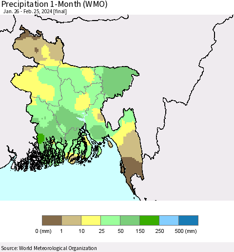 Bangladesh Precipitation 1-Month (WMO) Thematic Map For 1/26/2024 - 2/25/2024