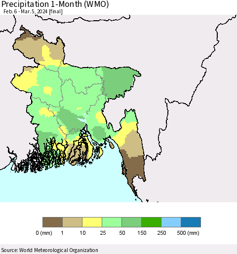 Bangladesh Precipitation 1-Month (WMO) Thematic Map For 2/6/2024 - 3/5/2024