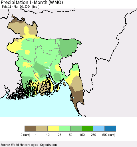 Bangladesh Precipitation 1-Month (WMO) Thematic Map For 2/11/2024 - 3/10/2024