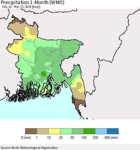 Bangladesh Precipitation 1-Month (WMO) Thematic Map For 2/16/2024 - 3/15/2024