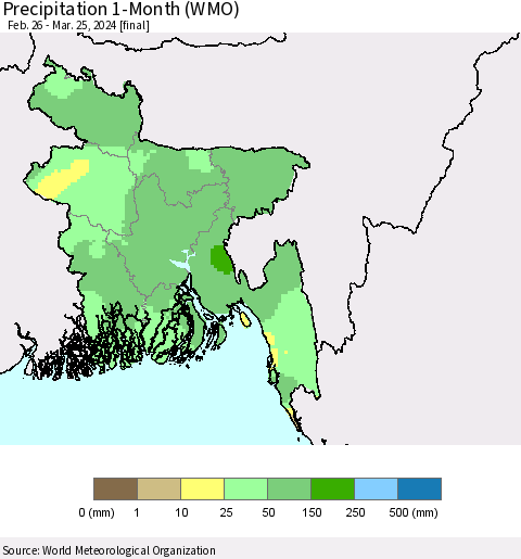 Bangladesh Precipitation 1-Month (WMO) Thematic Map For 2/26/2024 - 3/25/2024