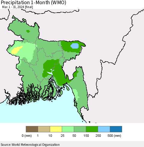 Bangladesh Precipitation 1-Month (WMO) Thematic Map For 3/1/2024 - 3/31/2024