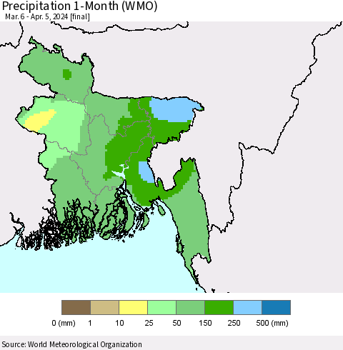 Bangladesh Precipitation 1-Month (WMO) Thematic Map For 3/6/2024 - 4/5/2024