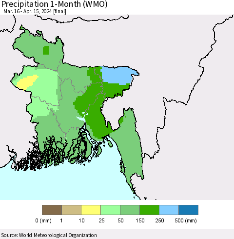 Bangladesh Precipitation 1-Month (WMO) Thematic Map For 3/16/2024 - 4/15/2024