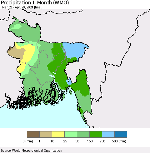 Bangladesh Precipitation 1-Month (WMO) Thematic Map For 3/21/2024 - 4/20/2024