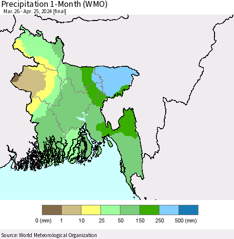 Bangladesh Precipitation 1-Month (WMO) Thematic Map For 3/26/2024 - 4/25/2024