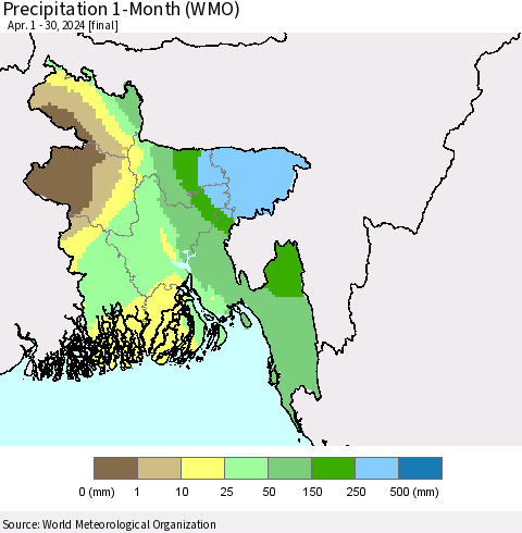 Bangladesh Precipitation 1-Month (WMO) Thematic Map For 4/1/2024 - 4/30/2024