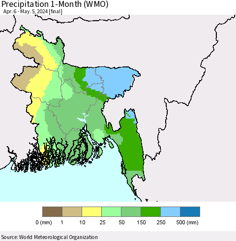 Bangladesh Precipitation 1-Month (WMO) Thematic Map For 4/6/2024 - 5/5/2024