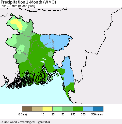 Bangladesh Precipitation 1-Month (WMO) Thematic Map For 4/11/2024 - 5/10/2024
