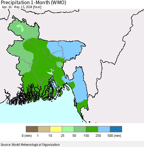 Bangladesh Precipitation 1-Month (WMO) Thematic Map For 4/16/2024 - 5/15/2024