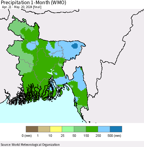 Bangladesh Precipitation 1-Month (WMO) Thematic Map For 4/21/2024 - 5/20/2024