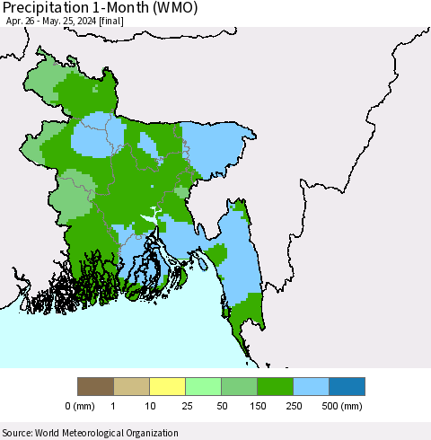 Bangladesh Precipitation 1-Month (WMO) Thematic Map For 4/26/2024 - 5/25/2024