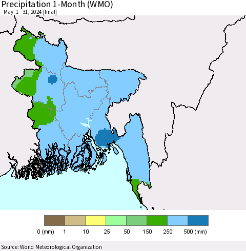 Bangladesh Precipitation 1-Month (WMO) Thematic Map For 5/1/2024 - 5/31/2024
