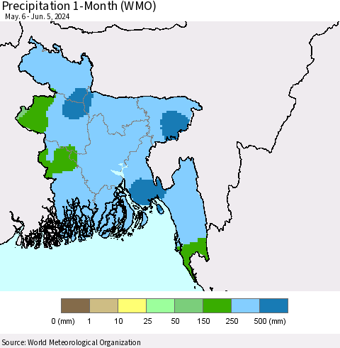 Bangladesh Precipitation 1-Month (WMO) Thematic Map For 5/6/2024 - 6/5/2024