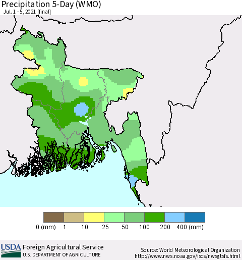 Bangladesh Precipitation 5-Day (WMO) Thematic Map For 7/1/2021 - 7/5/2021