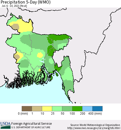 Bangladesh Precipitation 5-Day (WMO) Thematic Map For 7/6/2021 - 7/10/2021