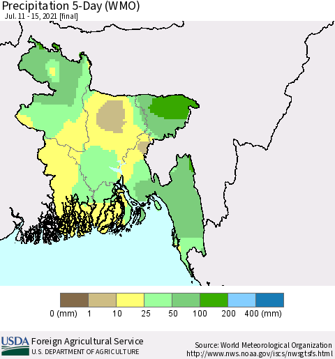 Bangladesh Precipitation 5-Day (WMO) Thematic Map For 7/11/2021 - 7/15/2021