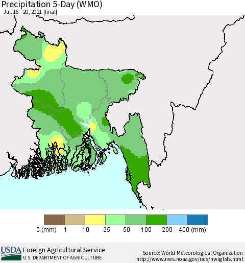 Bangladesh Precipitation 5-Day (WMO) Thematic Map For 7/16/2021 - 7/20/2021