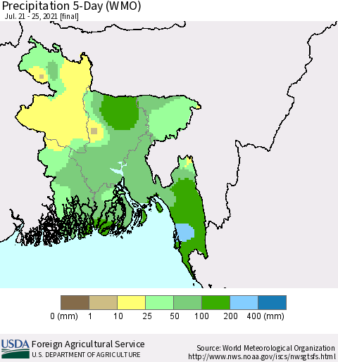 Bangladesh Precipitation 5-Day (WMO) Thematic Map For 7/21/2021 - 7/25/2021