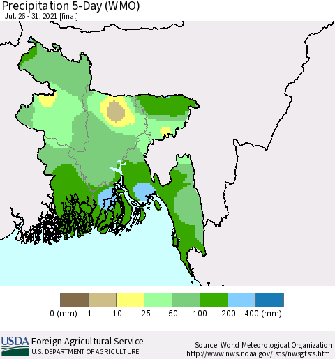 Bangladesh Precipitation 5-Day (WMO) Thematic Map For 7/26/2021 - 7/31/2021