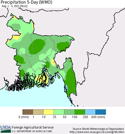 Bangladesh Precipitation 5-Day (WMO) Thematic Map For 8/1/2021 - 8/5/2021