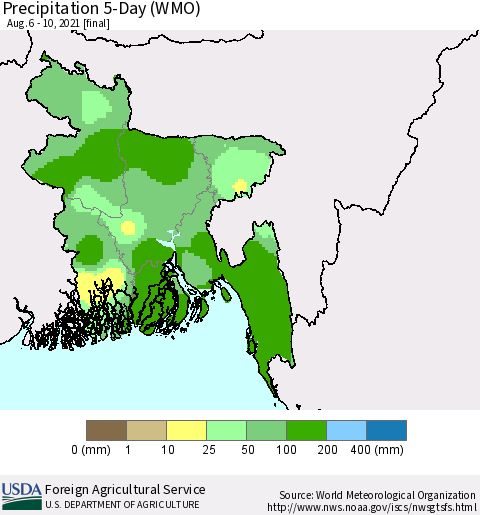 Bangladesh Precipitation 5-Day (WMO) Thematic Map For 8/6/2021 - 8/10/2021
